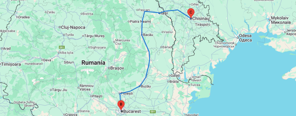 mapa del viaje en tren entre Bucarest y Chisinau